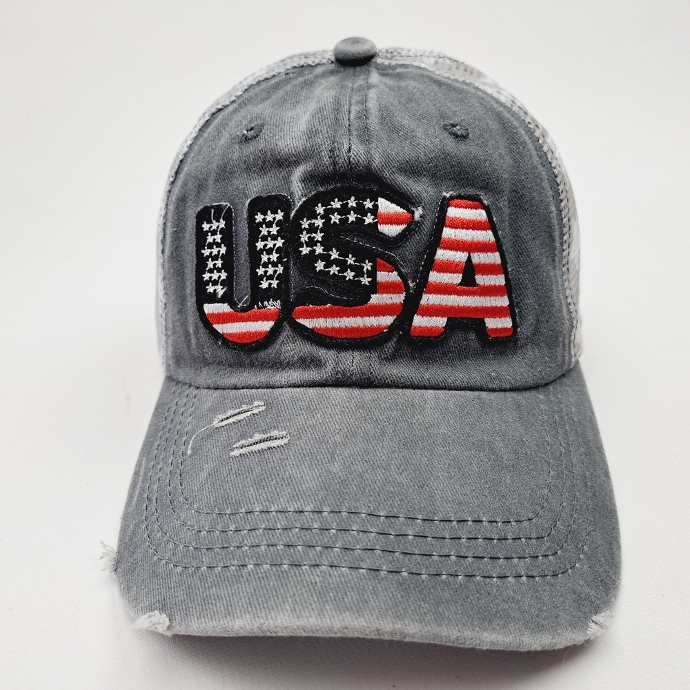 Patriotic USA Embroidered Patch Ponytail Hat Cap Mesh Net Stars Gray Rel…